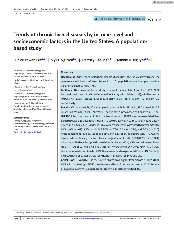 Trends of Chronic Liver Diseases by Income Level and Socioeconomic Factors in the US National Population