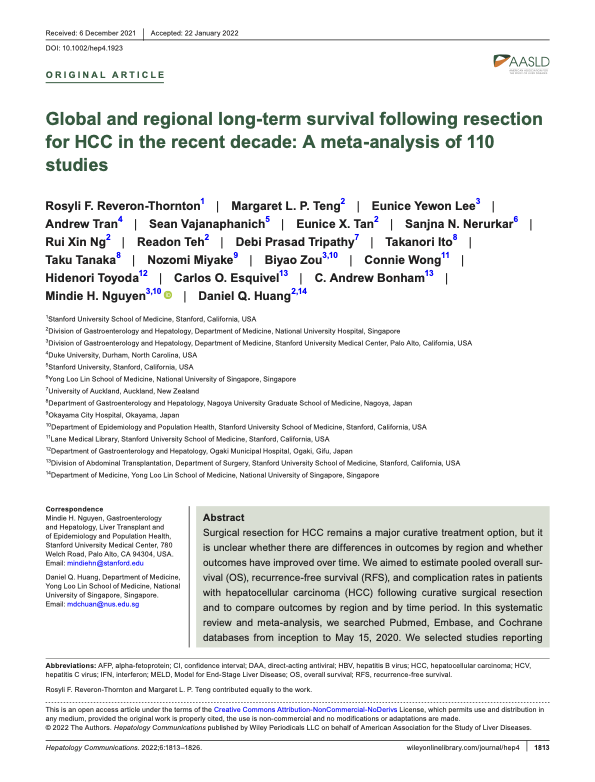 Global and Regional Long-Term Survival Following Resection for HCC in the Recent Decade: A Meta-Analysis of 110 Studies