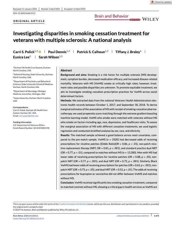 Investigating Disparities in Smoking Cessation Treatment for Veterans with Multiple Sclerosis: A National Analysis